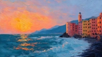 Coastal Village Sunset Impasto Canvas Print wall art print | PrintPosters.in